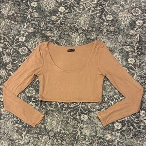 Naked Wardrobe Long Sleeve Scoop Neck Crop Top - Camel